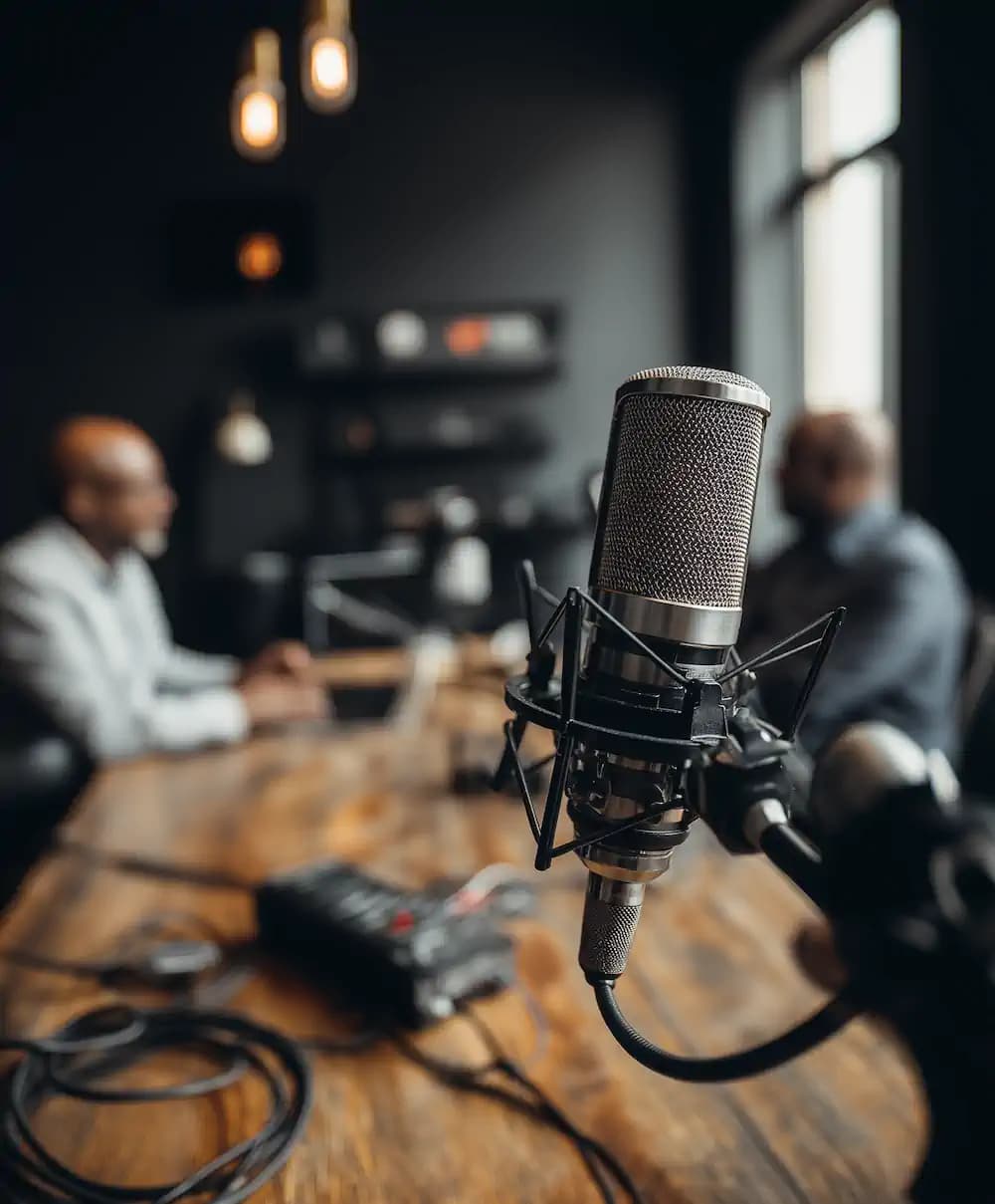 Close-up of broadcast microphone with two professionals recording in a professional studio