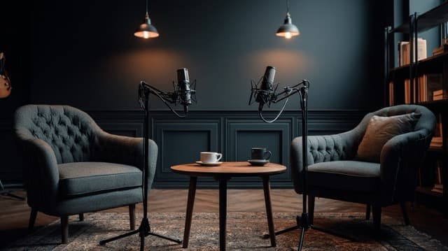 Professional podcast studio with dark wainscoting, tufted chairs, and broadcast microphones