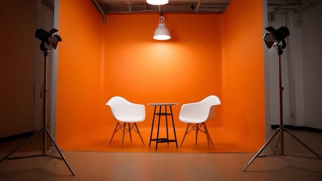 Minimal branded studio with orange backdrop and professional lighting